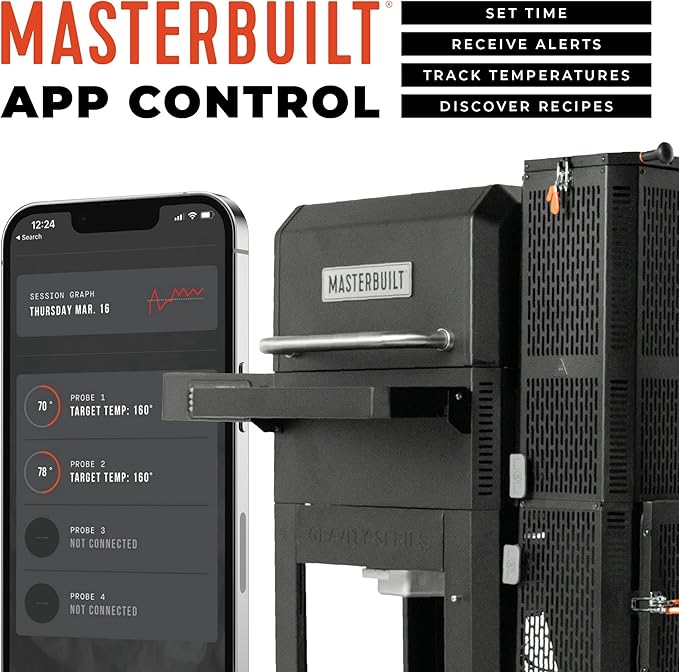 Masterbuilt® Gravity Series® 600 Digital Charcoal Grill and Smoker,WiFi Technology, GravityFed™ Charcoal Hopper, 600 Cooking Sq. Inches, Reversible Smoke&Sear Cast Iron Grates, Black, Model MB20041023