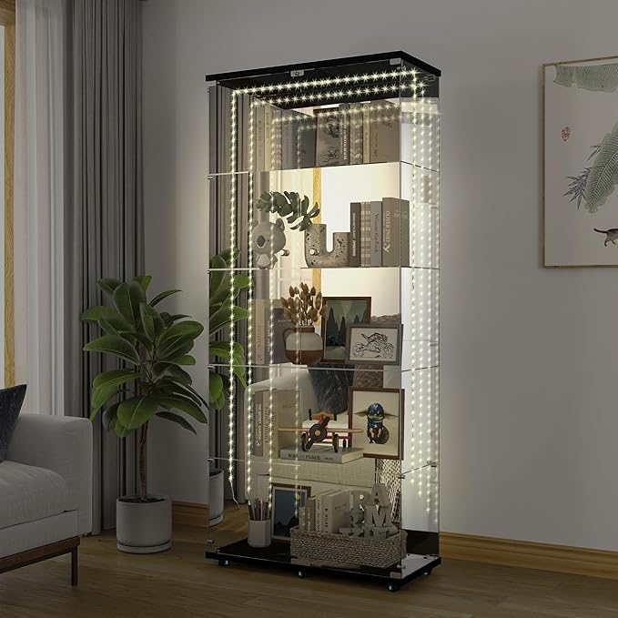 Yoluckea 5 Tiers Glass Display Cabinet with Bluetooth LED Light Strip, 2 Doors Floor Standing Curio Cabinet with Universal Wheel and Mirror Back Panel, Black Glass Bookshelf for Collections, Wood Top
