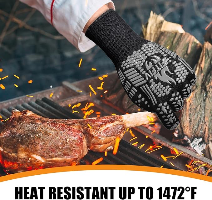 BBQ Gloves, Oven Gloves, 1472°F Extreme Heat Resistant Barbecue Gloves, Silicone Non-Slip Oven Mitts, Kitchen for Cooking, Grilling, and Baking (Gray)