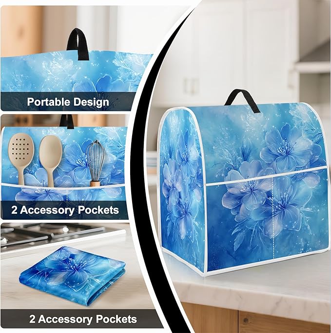 Stand mixer cover with handle and storage bag, reusable and washable, stylish retro floral design, keeps kitchen countertops clean and tidy (fits 6-8 quart mixers).