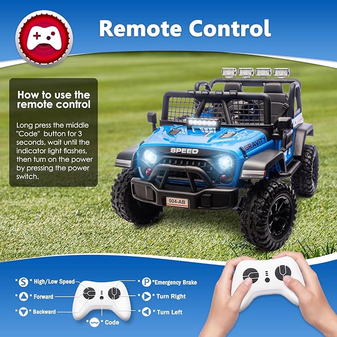 Sopbost 24V 7Ah 2 Seater Ride On Truck Ride On Toy for Big Kids Ride On Car with Remote Control Off-Road Electric Car with Shock Absorber, LED Lights, Bluetooth Music Player, EVA Tires, Blue