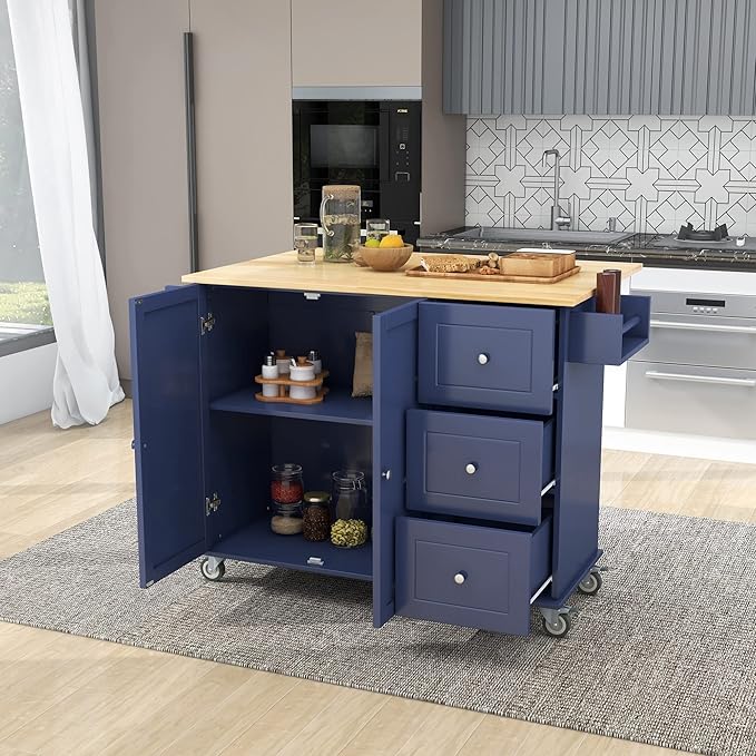 Favfurish 52.7" Rolling Mobile Kitchen Island Cart with Drop Leaf Wood Top, Adjustable Shelves Coffee Bar Trolley on Lockable Casters & Storage Cabinet & 3 Drawers for Dining Room, Dark Blue