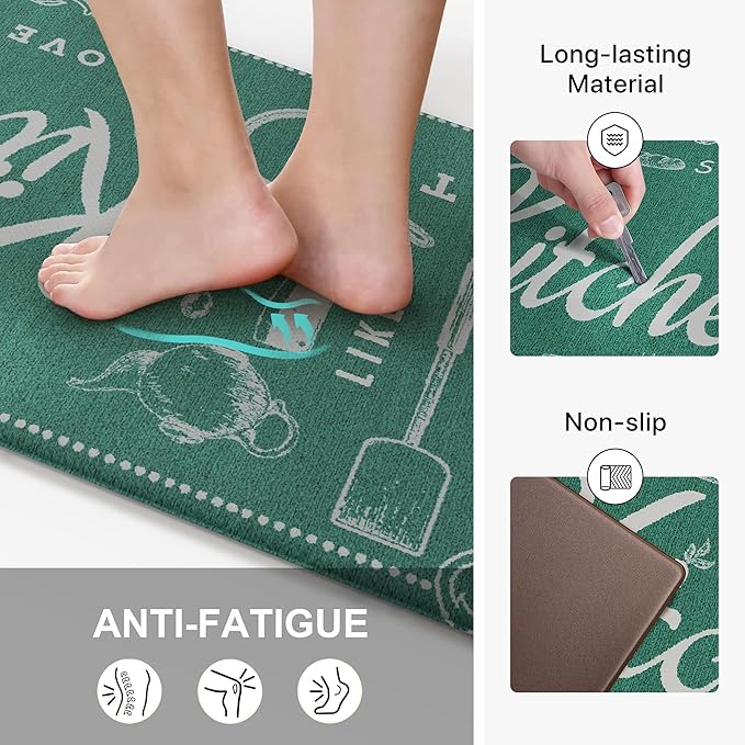 GENIMO Anti Fatigue Kitchen Mats for Floor, Non Slip Washable Kitchen Theme Rugs sets of 2, Farmhouse Cushioned Waterproof Comfort Runner Rug for Kitchen, Sink, Desk, Laundry, 17"x 59"+17"x 30", Green