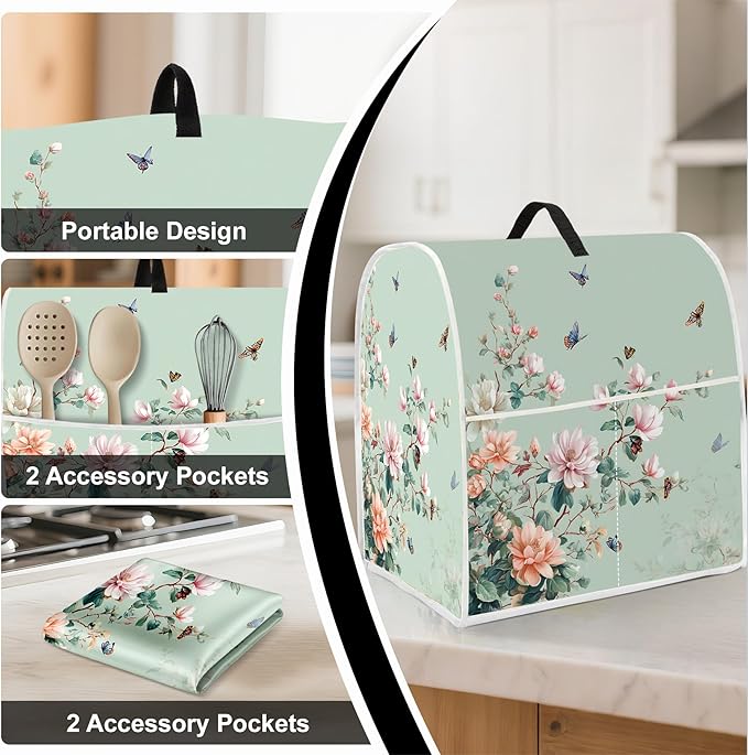 Stand mixer cover with handle and storage bag, reusable and washable, stylish retro floral design, keeps kitchen countertops clean and tidy (fits 6-8 quart mixers).
