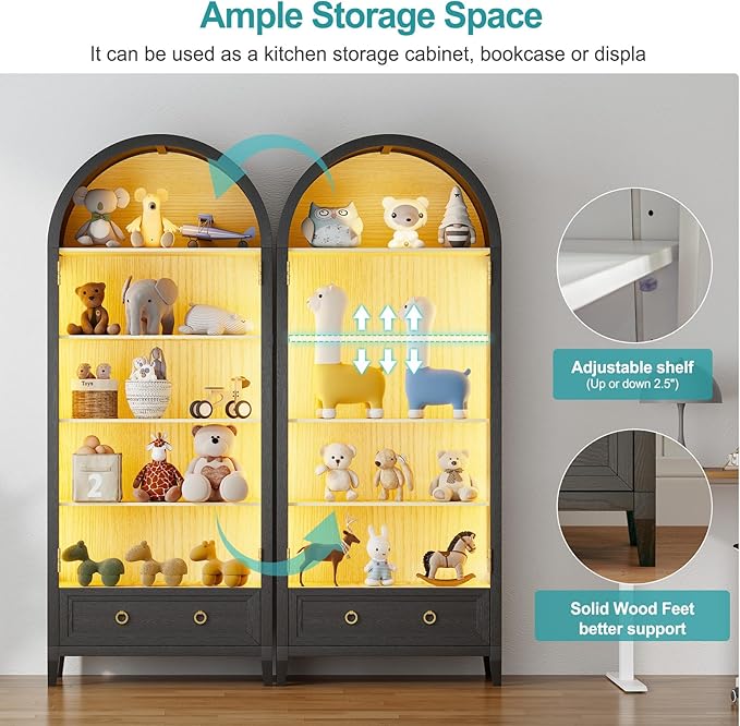 Lvifur 73" Tall Arched Display Cabinet with Glass Doors,4-Tier Curio Cabinets with 3 Color Lights for Collectibles,LED Storage Cabinet with Human Body Sensor,Ajustable Shelf for Toys, Books,Black
