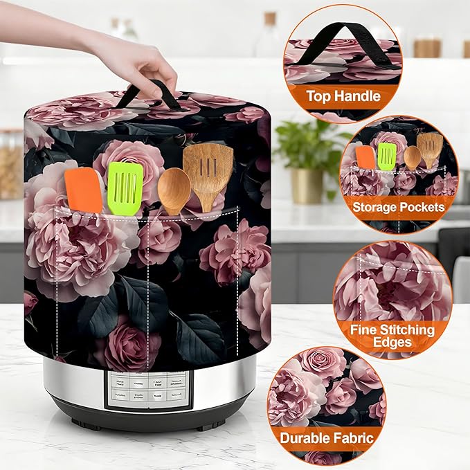 Kitchen Appliance Accessories Dust Cover for 3-6-8 Quart Instant Pot, Pressure Cooker, Air Fryer & Crock Pot,Decorative Appliance Cloth Cover with Top Handle & Storage Pockets (Pink, 8 Quart)