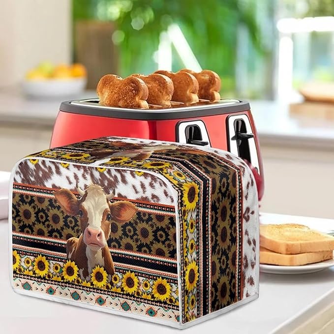 UNICEU Sunflower Cow 4 Slice Quilted Toaster Cover - Dust-proof Aztec Geometric Print Bread Maker Cover for Kitchen Small Appliances