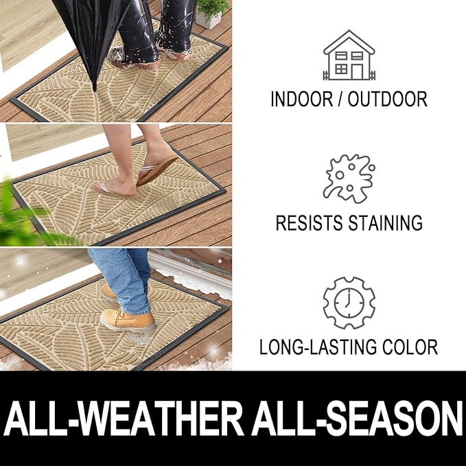 Colorxy Waterproof Doormat, Sturdy Natural Rubber Front Indoor Mat, Non Slip Low Profile Indoor Outdoor Door Mats, Stain and Fade Resistant Floor Mat, Easy Clean Patio Entrance Mat, 59''x36'', Beige