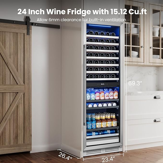 Yeego 24 Inch Wine Fridge – Wine and Beverage Cooler 34°F-65°F, 304 Stainless Steel Glass Door Lock, Temp Memory Blue & White LED Built-in Fridge with Adjustable Shelves (182 Can+77 Bottle)