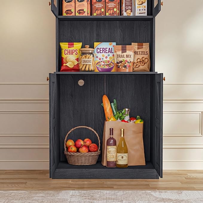 71" Farmhouse Kitchen Pantry Cabinet Set of 2, Black Freestanding Coffee Bar Hutch with Glass Doors, Drawers & Adjustable Shelves, Large Storage Cabinet with Microwave Stand for Kitchen & Living Room