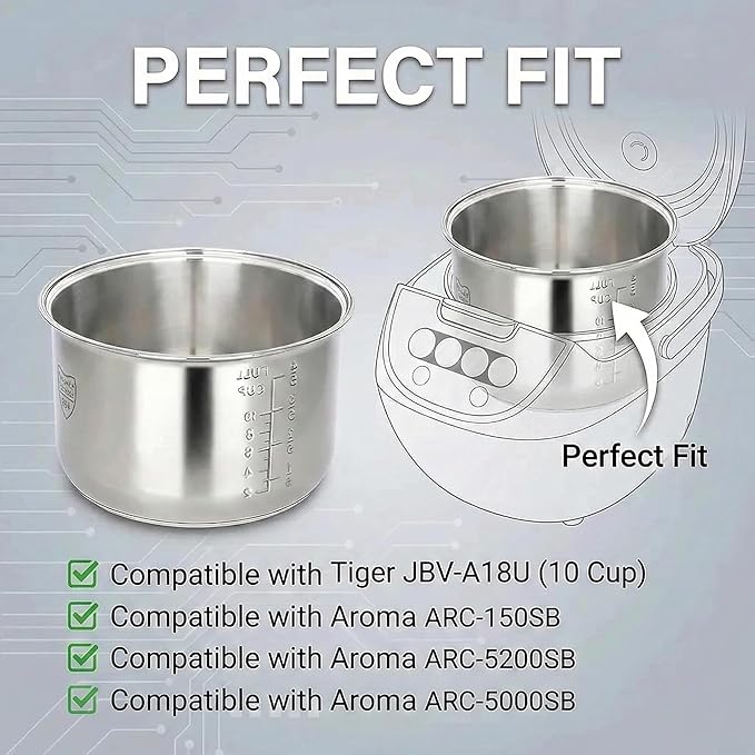 Rice Cooker Replacement Pot, Compatible with Tiger JBV-A18U and Aroma ARC-5000SB, 304 Stainless Steel Uncoated Inner Liner, Easy to Clean & Dishwasher Safe Insert