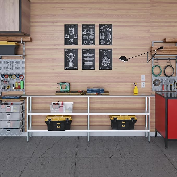 AmGood Stainless Steel Work Table with 2 Shelves | NSF | Metal Utility Table (96" Long x 14" Deep)