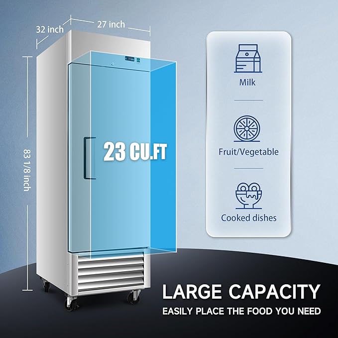27" W Commercial Refrigerator 1 Door, 23 Cu.ft Commercial Fridge, Stainless Steel Reach-In Refrigerator Upright, ETL Approved for Restaurant, Bar, Shop
