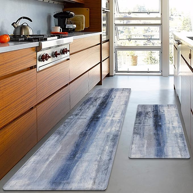 MAYHMYO Anti Fatigue Kitchen Mat - Set of 2 - Blue Design Comfort Mats - Cushioned, Non Slip Floor Mat,17.3 x 29 x 0.4 inch + 17.3 x 59 x 0.4 inch