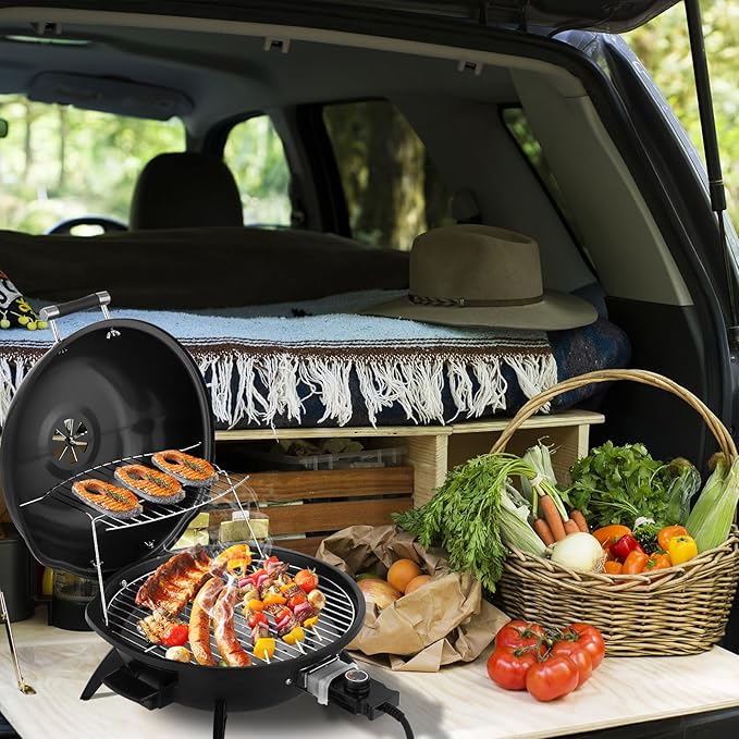 Outvita Indoor/Outdoor Electric Grill, 1600W Portable Removable Stand Grill with Double Layer Design for Countertops, BBQ, Patio & Backyard (Black)