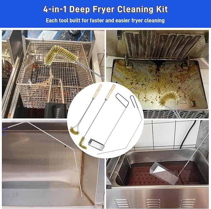 4 Pieces Fryer Cleaning Tool Sets, High Temp Deep Fryer Cleaner Kits Including Stainless Steel Crumb Scoop, L-Shape Fryer Cleaning Brush, Long Handle Basket Brush & Cleanout Rod for Commercial Kitchen