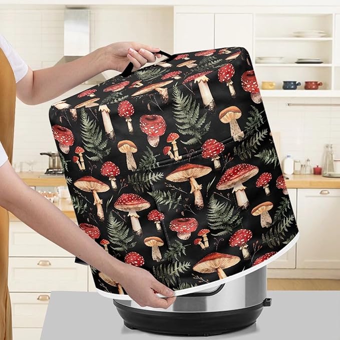 Mushroom Green Leaves Pressure Cooker Cover Dust-Proof Kitchen Appliance Cover Air Fryer Cover for 3 Quart Instant Pot, with Handle and Pockets Keep Kitchen Appliance Clean Home Décor
