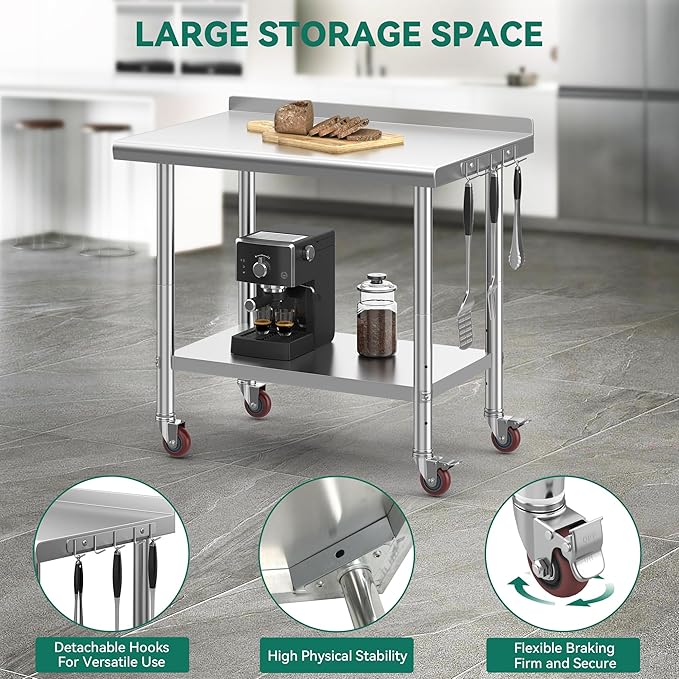 YITAHOME 36" x 24" Stainless Steel Table with Wheels for Prep & Work with Backsplash, NSF Metal Table Prep Table with Undershelf for Home Kitchen Restaurant Garage Warehouse