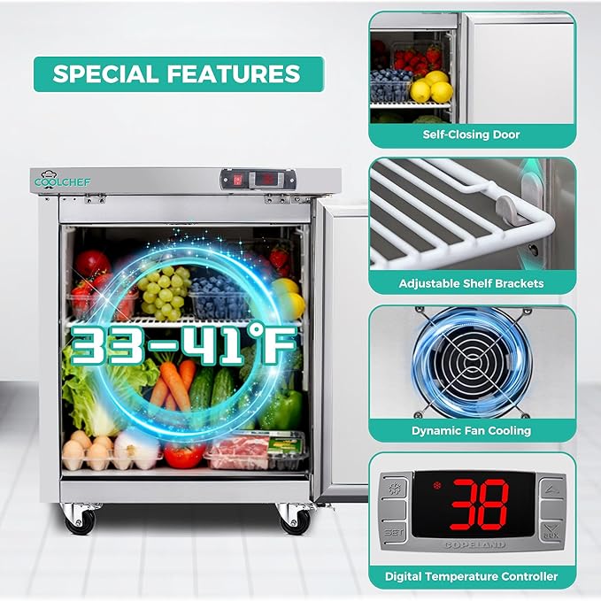 28" Commercial Worktop Refrigerator, 8 Cu.ft Single Door Stainless Steel Prep Table Fridge, R290 Undercounter Refrigerator with Casters