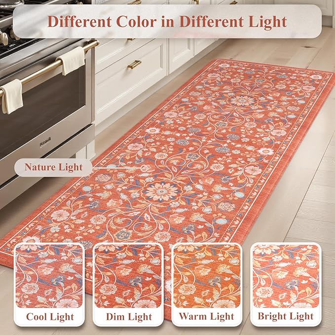 KIMODE Anti Fatigue Mat for Kitchen Floor Non Slip,Boho Vintage Floral Kitchen Rugs Sets of 2,Wide Cushioned Memory Foam Waterproof Standing Carpet for Laundry Sink Home,Red