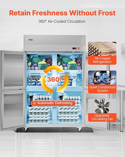 VEVOR Commercial Reach-In Refrigerator 48" W, 32 Cu.Ft Stainless Steel Upright Refrigerator with 4 Doors, Auto-Defrost, 6 Adjustable Shelves, 32 to 50℉ Temp Control, UL Certified