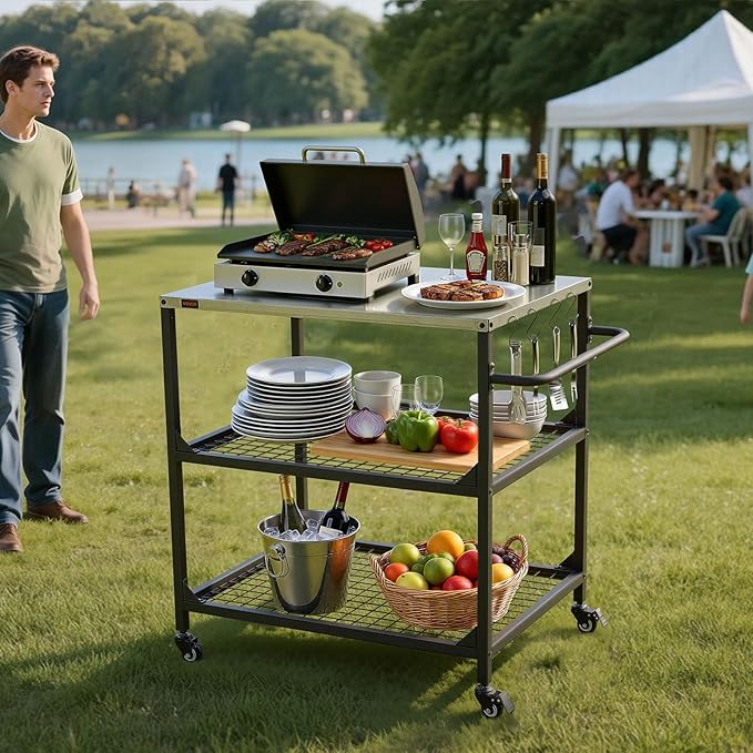 VEVOR Outdoor Grill Cart, 31.5 x 24.0 inch Stainless Steel Tabletop Size Grilling Table, Outdoor Cooking Table with 4 Wheels & Side Handle, Two Mesh Shelves, BBQ Prep Tables for Patio, Garden