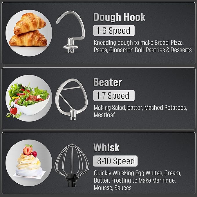 Stand Mixer Body with Stainless Steel Cladding Pro-Grade Powerful Kitchen Mixer for Baking Bread Dough Cake 10+p Speed Tilt-Head Electric Food Mixer With 6.5QT Bowl Dough Hook Wire Whisk Flat Beater