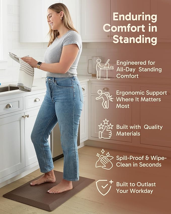 Ophanie Kitchen mats for Floor, 3/4 inch Thick, Kitchen Rugs, 20x48 Anti Fatigue Standing Cushioned Mat, Waterproof,Comfort Ergonomic mat for Office, Home, Sink, Brown Non-Slip Bottom