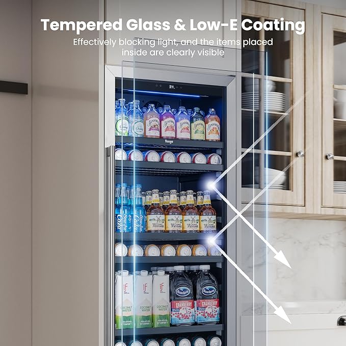 Yeego 24 Inch Large Capacity Beverage Refrigerator, 378 Cans Beverage Cooler with Glass Door & Lock, Built-In or Freestanding Drink Fridge for Soda, Beer & Wine, Office, Bar or Entertainment Area
