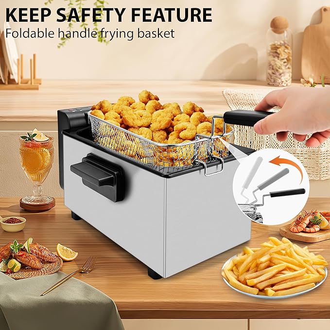 SUSTEAS 3 Liter/2.7QT Electric Deep Fryer, 1500W, Timer Control, Adjustable Temperature, Lid with Viewing Window and Removable Frying Basket, Stainless Steel, Perfect for Kitchen, French Fries
