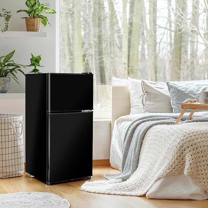 Anukis Compact Refrigerator 3.2 Cu Ft 2 Door Mini Fridge with Freezer for Apartment, Dorm, Office, Family, Basement, Garage - Black