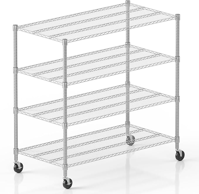 Homdox Heavy Duty Metal Shelves for Storage, 4 Tier Storage Racks and Shelving, Commercial Adjustable Wire Shelving Unit on Wheels, Garage Rack Pantry Shelves Kitchen Shelving, 24"x48"x72", Chrome