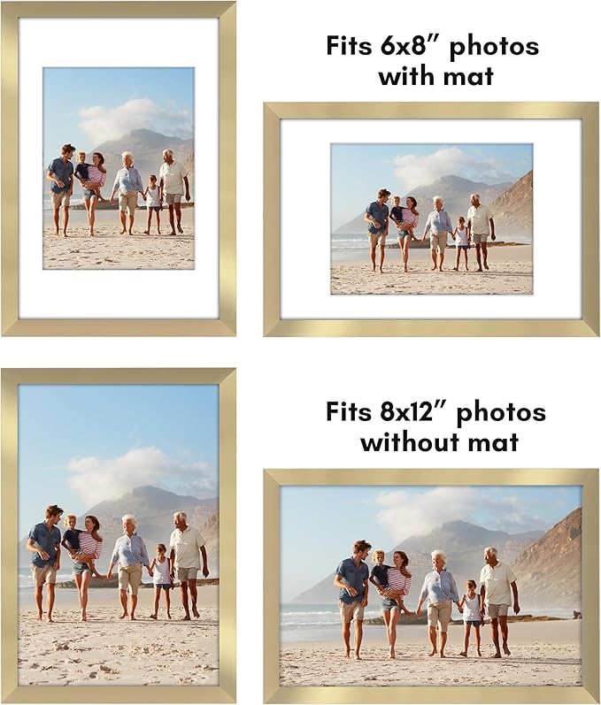 Americanflat 8x12 Picture Frame with Polished Plexiglass - Set of 5 - Use as 6x8 Frame with Mat or Display 8x12 Photo Without Mat - Galleria Collection - Picture Frames for Wall Display - Gold