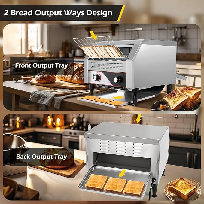 Dyna-Living Commercial Conveyor Toaster 450 Slices/Hour Restaurant Conveyor Toaster for Bun Bagel Bread, 1900W Heavy Duty Stainless Steel Commercial Toasters Bun Toasters