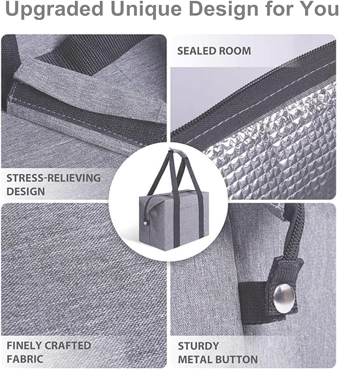 Reusable Insulated Shopping Cooler Bag with Zipper Top for Grocery, Thick Alumimum Foam Tote Thermal Bag for Frozen Cold Hot Foods Transport, Grey