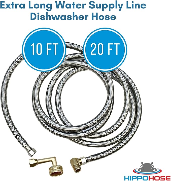 Dishwasher Water Hose Kit (10 FT) - Universal Fit to All Dishwasher Brands - Braided SS Dishwasher Water Supply Line - 3/8" Comp x 3/8" Elbow & All Fittings Included