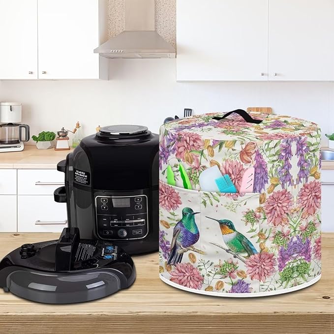 TODIYADDU Hummingbird Flower Electric Pressure Cooker Cover Round Protective Cover Bag with Pocket and Handle for Instant Pot or Rice Cooker Kitchen Small Appliance Dust Covers Nice Holiday Gifts