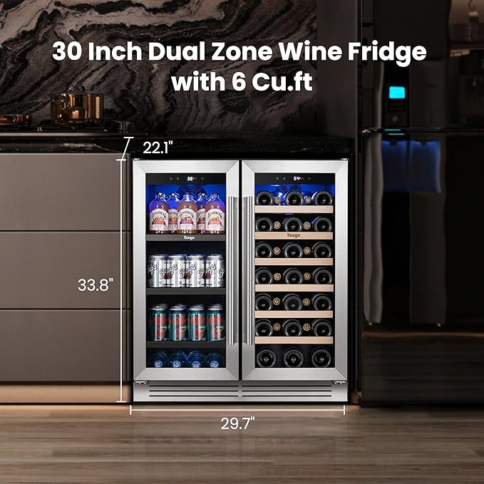 Yeego 24 Inch Wine and Beverage Refrigerator - 80 Cans & 33 Bottles Wine Fridge with Glass Door, 36-72°F Built-In or Freestanding Dual Zone Wine Cooler for Kitchen Bar Office Beer Soda Drink