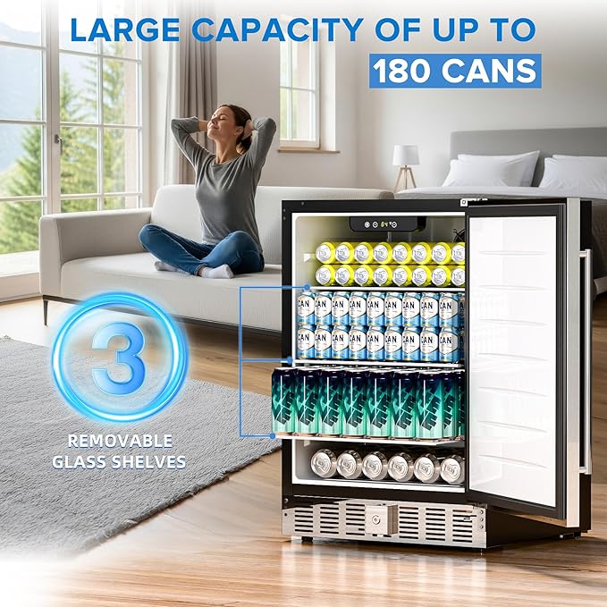Antarctic Star Outdoor Beverage Refrigerator 24 Inch Wide,Stainless Steel Mini Fridge 180 Can for Undercounter Built-in or Freestanding, Wine Cooler for Home and Patio,Fast Cooling, Low Noise, 32-50°F