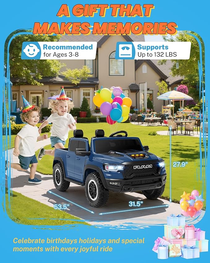 ENYOPRO 24V Ride on Toys for Kids 4-8, Licensed RAM 1500 RHO 2 Seater Kids Ride on Car w/Parent Remote, Power Pedal & Shock-Absorbing Wheels, Truck Bed Storage, Music, LED Lights (Blue - High Door)