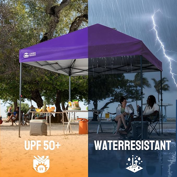 CROWN SHADES 10x10 Pop Up Canopy - Patented Center Lock One Push Instant Outdoor Canopy Beach Tent with STO-N-Go Bag 8 Stakes & 4 Sand Bags，Purple