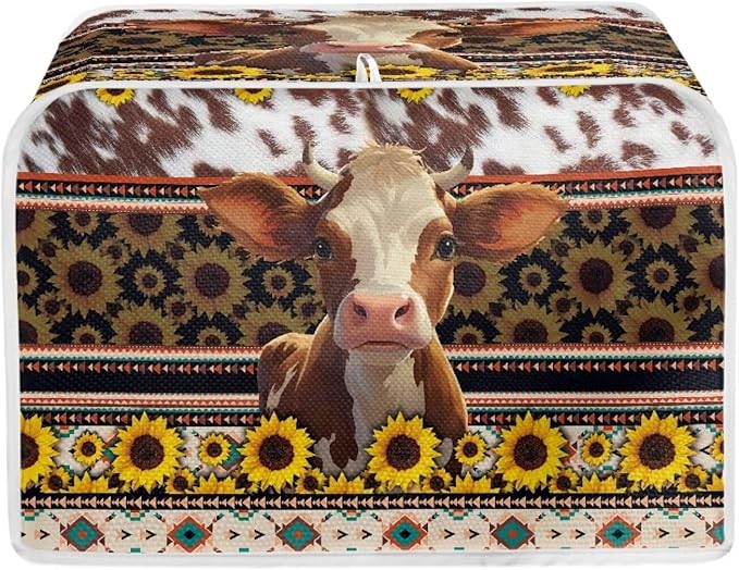 UNICEU Sunflower Cow 4 Slice Quilted Toaster Cover - Dust-proof Aztec Geometric Print Bread Maker Cover for Kitchen Small Appliances