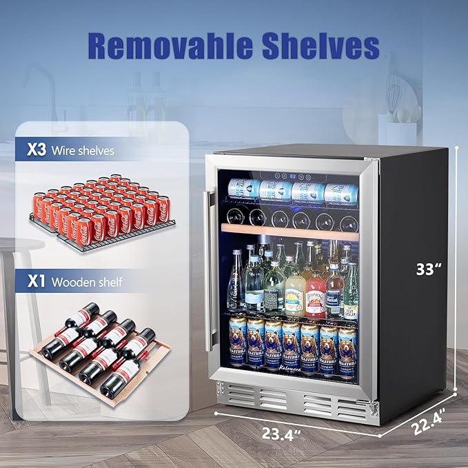 Kalamera Mini Fridge 24 Inch Undercounter Beverage and Wine Cooler Refrigerator Built-in or Freestanding - 118 Cans & 15 Bottles Capacity with LED Light Glass Door
