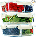 FIT Strong & Healthy Glass Meal Prep Containers, 1 & 2 & 3 Compartments – Adult Bento Box, Beige Food Storage Containers with Lids, Leak-Proof, Oven & Freezer Safe, 35 oz, 3 Pack Lunch Box