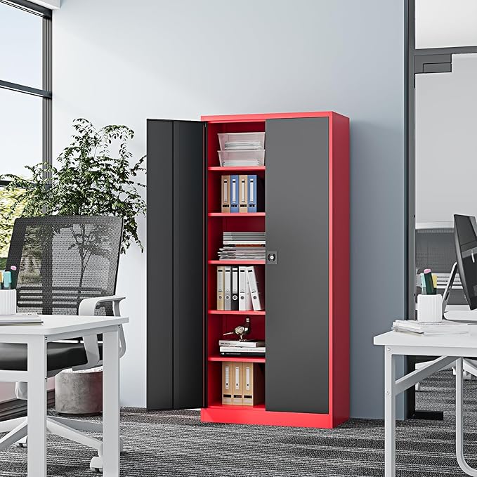 Metal Storage Cabinet-71” Tall Steel File Cabinets with Lockable Doors and Adjustable Shelves-Black&Red Steel Storage Cabinet for Home,Kitchen, School, Office, Garage