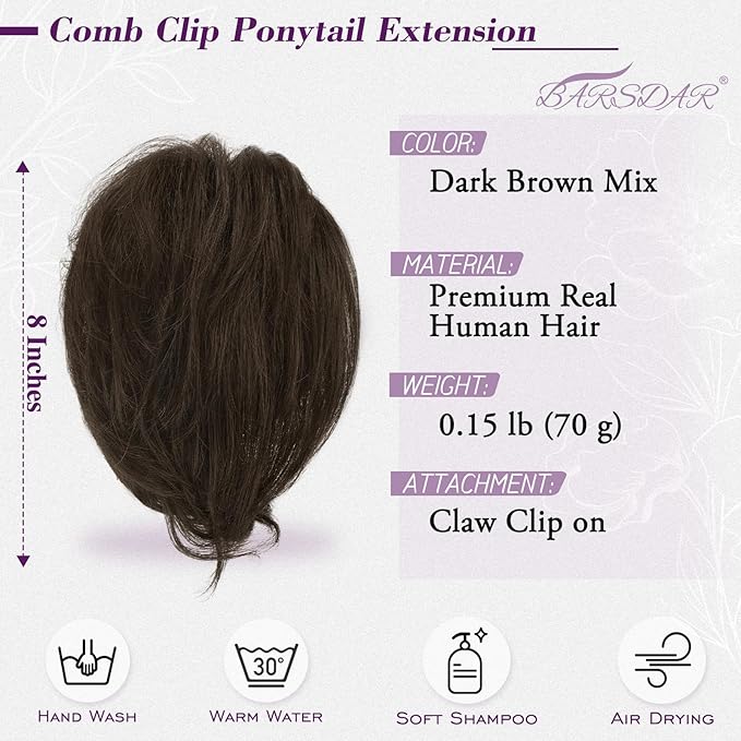 BARSDAR Claw Clip Short Human Hair Ponytail Extension with Bendable Metals - DIY Styles 8 Inch Real Human Hair Dark Brown Mix Messy Bun Hairpieces for Women - Thick Natural Short Ponytail Daily