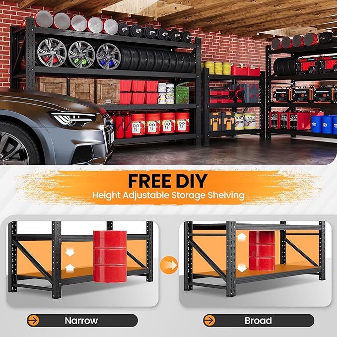 75”W Heavy Duty Metal Storage Shelves, 9000LBS Metal Garage Shelving Units, 24”Deep Rack Shelf, 4 Tier Steel Industrial Shelving , Adjustable Standing Shelf for Warehouse/Basement 75"W x 24"D x 70"H