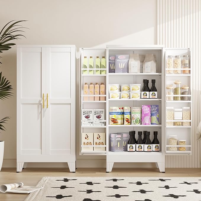 Metal Kitchen Pantry Cabinet, Storage Cabinets with 2 Door and 3 Adjustable Shelves, White Freestanding Food Storage Cabinet, Steel Cupboard for Kitchen Dinning Room