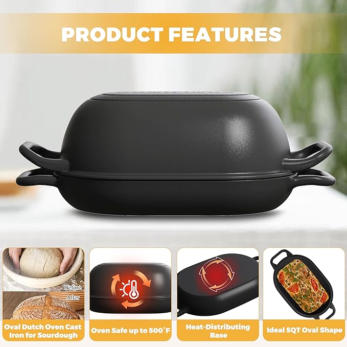 Oval Dutch Oven for Bread Baking 12 x 8 Inch, Pre-Seasoned Cast Iron Bread Oven for Sourdough, Dutch Oven Bread Loaf Pan for a Crispy Crust, 5QT
