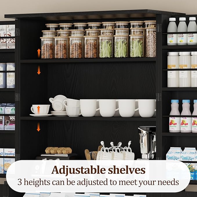 72" Kitchen Pantry Cabinet Storage, Farmhouse Pantry Cabinet with 8 Hanging Rack Shelves & 3 Pull-Out Racks, Pantry Storage Cabinet, Freestanding Cupboard for Kitchen, Dining Room, Black